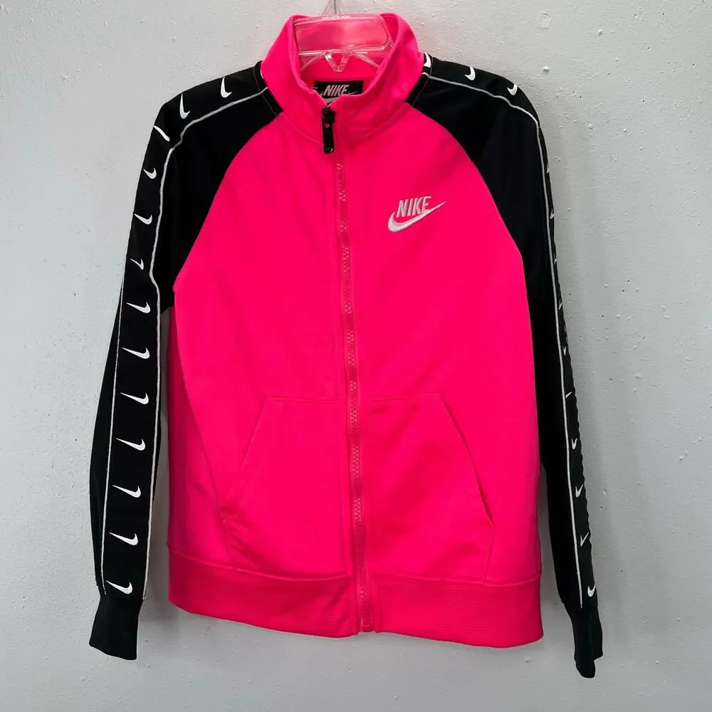 Nike Tracksuit Set Joggers Jacket 6X Girls Pink Black Logo Print Matching Zip - Picture 3 of 10